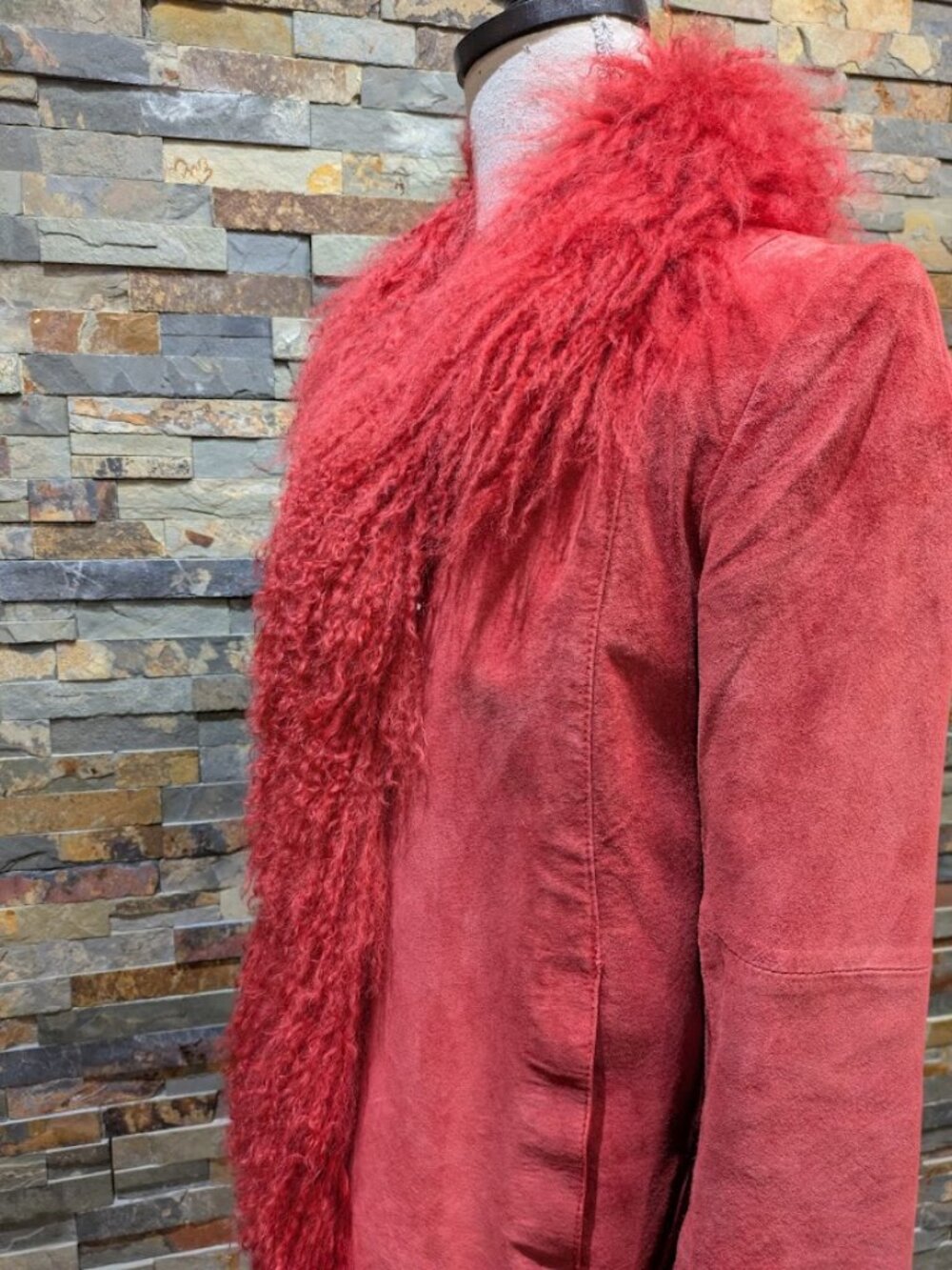 Real Red Mongolian Lamb Trimmed Suede Jacket sz Medium Afghan Penny Lane Coat - Picture 3 of 5